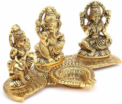 Design Gold Plated Lakshmi Ganesh Saraswati Idol with Deepak Showpiece diwali special