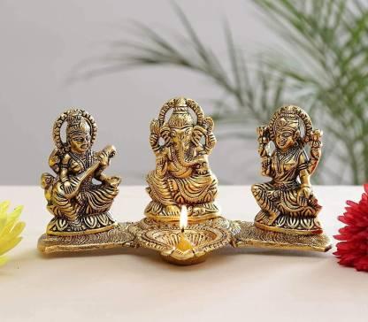 Design Gold Plated Lakshmi Ganesh Saraswati Idol with Deepak Showpiece diwali special