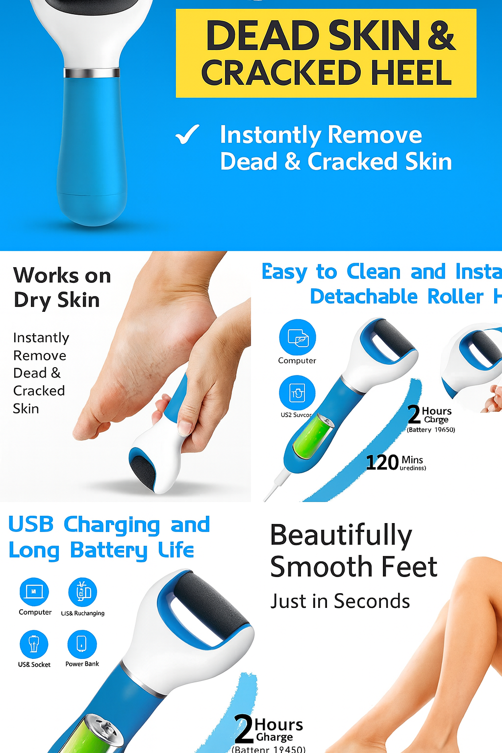 Premium Electric Pedicure Foot File | Dead Skin & Cracked Heel Remover | Powerful Spin Roller for Smooth Feet